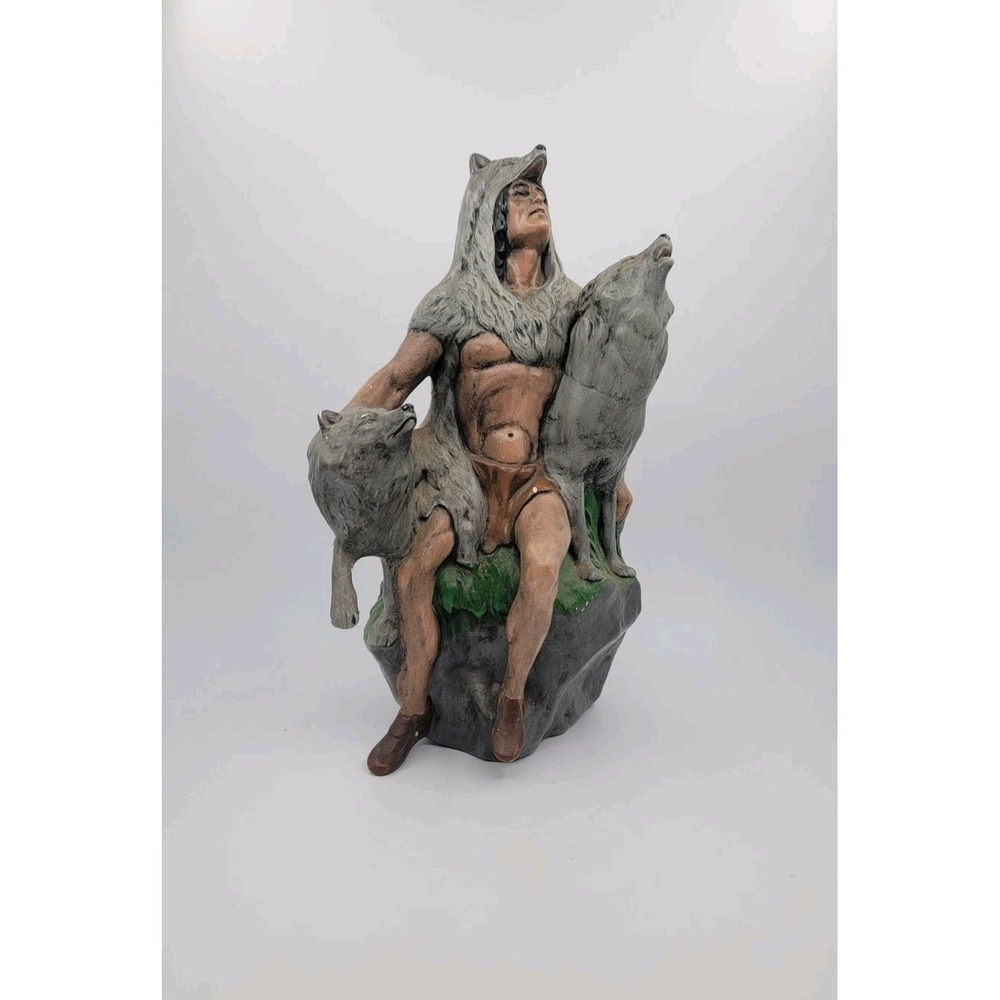 Vintage Provincial Mold Native‎ American with Wolves Ceramic Statue Hand Painted